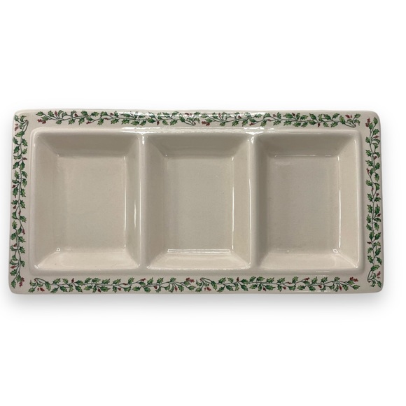 Ceramic Christmas Vintage Off White Holly Berry Trim Platter w/ 3 Compartments - Picture 1 of 13